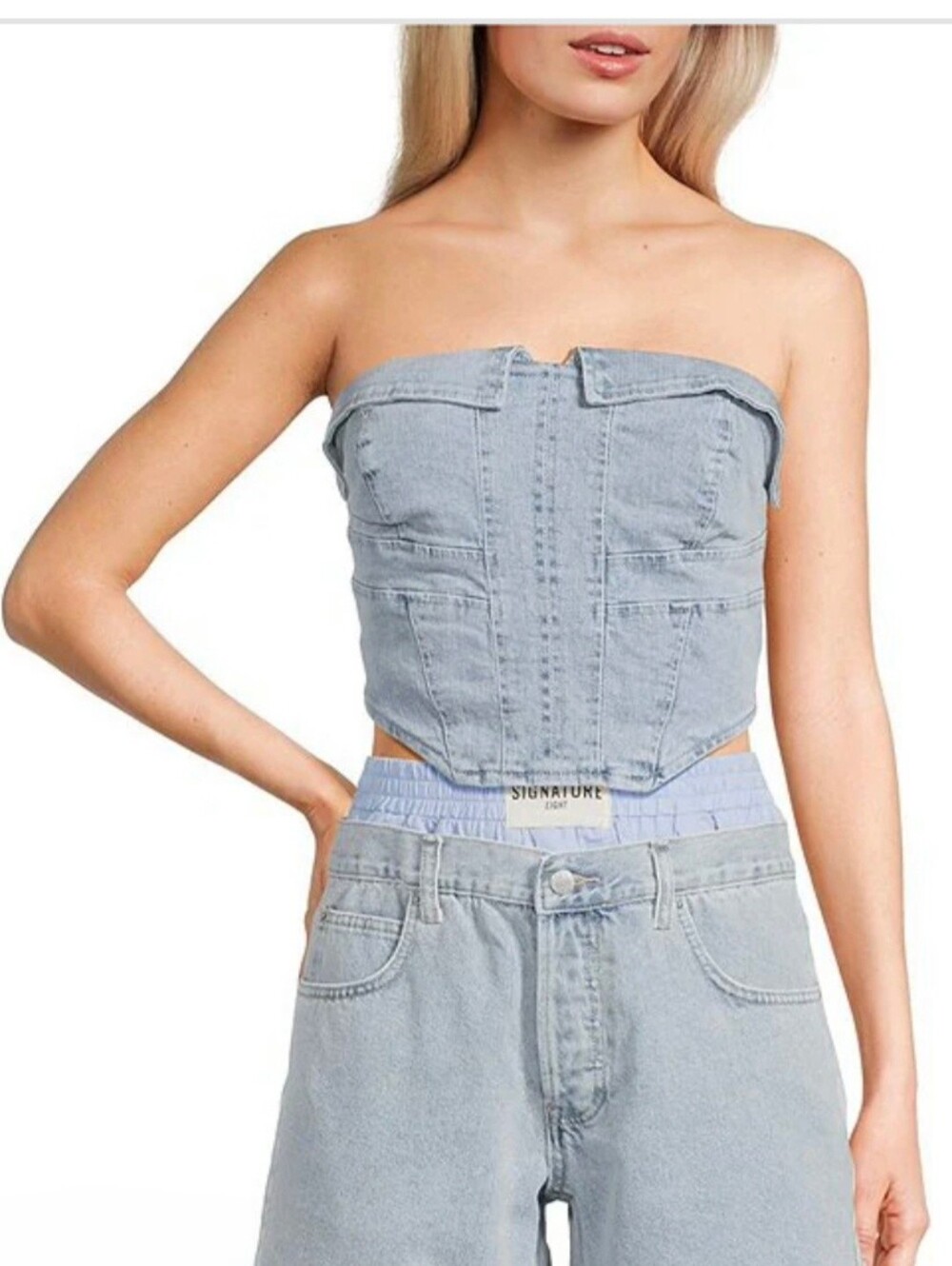 Signature 8 Light Blue Strapless Denim Corset Top Size Medium NWT
